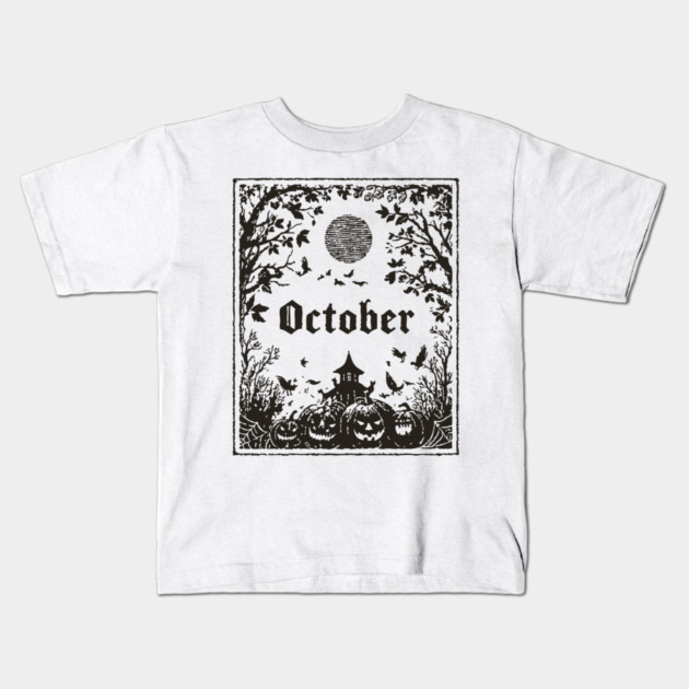 October Haunted House Scene Kids T-Shirt by TuncGK