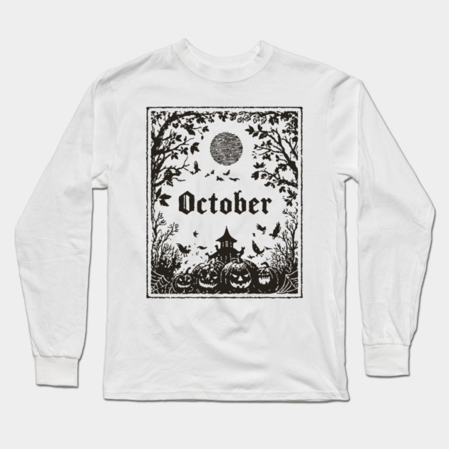 October Haunted House Scene Long Sleeve T-Shirt by TuncGK