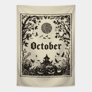 October Haunted House Scene Tapestry
