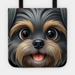 Cartoon Dog with Heart Tag, Fluffy Gray-Brown Fur, and Happy Expression Tote