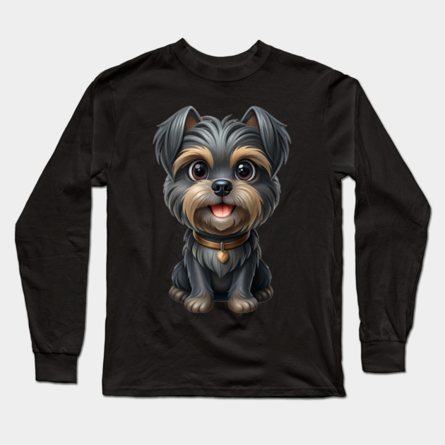 Cartoon Dog with Heart Tag, Fluffy Gray-Brown Fur, and Happy Expression Long Sleeve T-Shirt by IamActiveDog