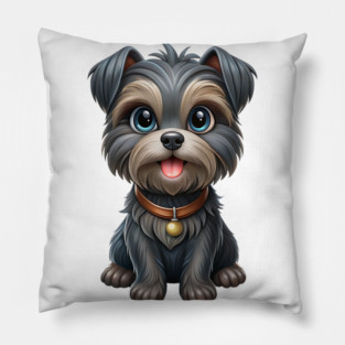 Expressive Affenpinscher with Blue Eyes, Fluffy Gray-Brown Coat, and Gold Tag Pillow