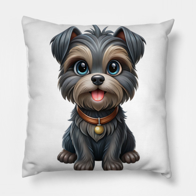 Expressive Affenpinscher with Blue Eyes, Fluffy Gray-Brown Coat, and Gold Tag Pillow by IamActiveDog