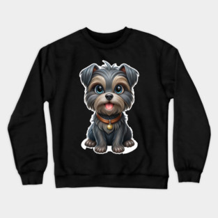 Expressive Affenpinscher with Blue Eyes, Fluffy Gray-Brown Coat, and Gold Tag Crewneck Sweatshirt