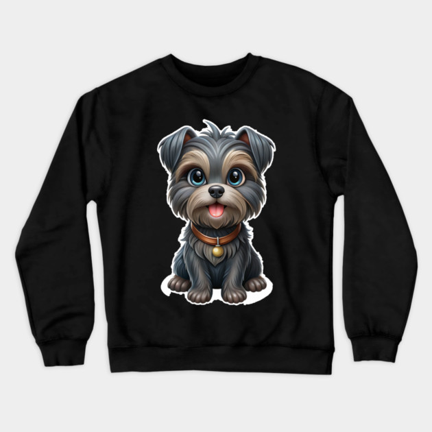 Expressive Affenpinscher with Blue Eyes, Fluffy Gray-Brown Coat, and Gold Tag Crewneck Sweatshirt by IamActiveDog