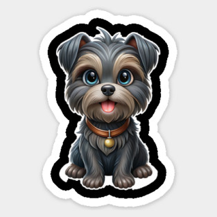 Expressive Affenpinscher with Blue Eyes, Fluffy Gray-Brown Coat, and Gold Tag Sticker