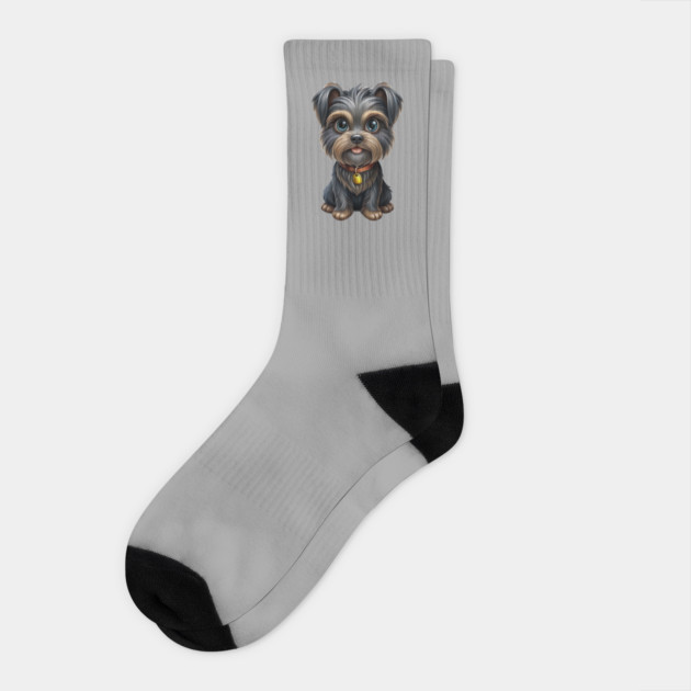 Cute Cartoon Affenpinscher with Blue Eyes, Gray-Tan Fur, and Gold Tag Socks by IamActiveDog
