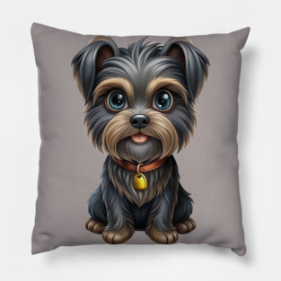 Cute Cartoon Affenpinscher with Blue Eyes, Gray-Tan Fur, and Gold Tag Pillow