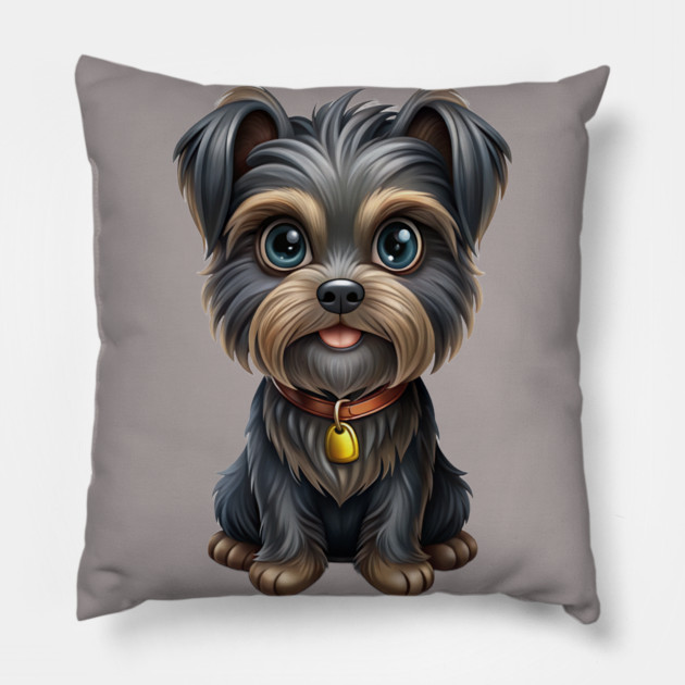 Cute Cartoon Affenpinscher with Blue Eyes, Gray-Tan Fur, and Gold Tag Pillow by IamActiveDog