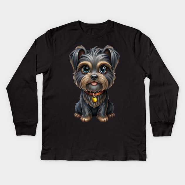 Cute Cartoon Affenpinscher with Blue Eyes, Gray-Tan Fur, and Gold Tag Kids Long Sleeve T-Shirt by IamActiveDog