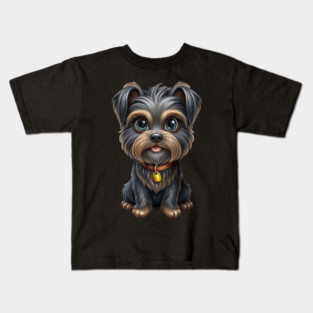Cute Cartoon Affenpinscher with Blue Eyes, Gray-Tan Fur, and Gold Tag Kids T-Shirt
