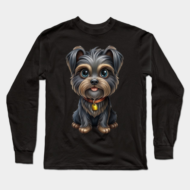 Cute Cartoon Affenpinscher with Blue Eyes, Gray-Tan Fur, and Gold Tag Long Sleeve T-Shirt by IamActiveDog