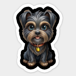 Cute Cartoon Affenpinscher with Blue Eyes, Gray-Tan Fur, and Gold Tag Sticker