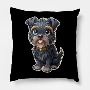 Cute Cartoon Affenpinscher with Blue Eyes, Gray-Tan Fur, and Gold Tag Pillow