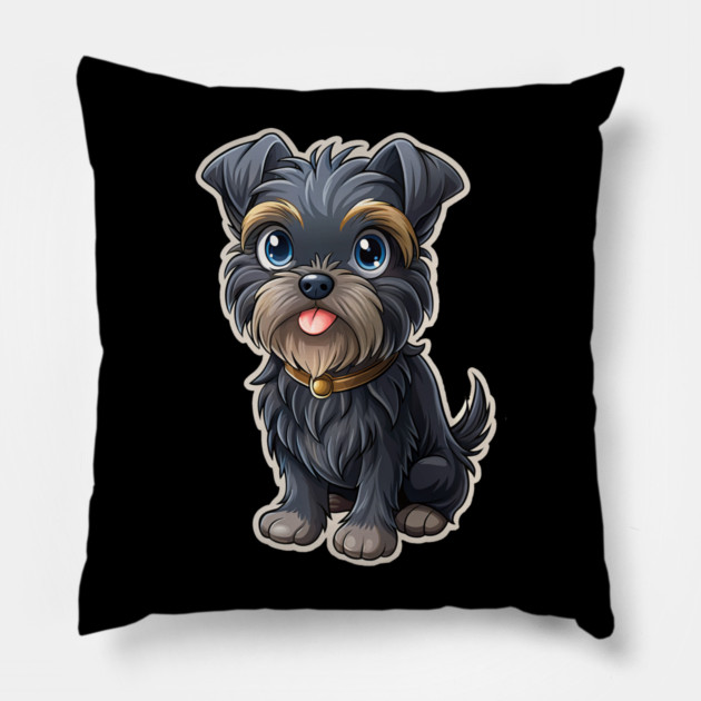 Cute Cartoon Affenpinscher with Blue Eyes, Gray-Tan Fur, and Gold Tag Pillow by IamActiveDog