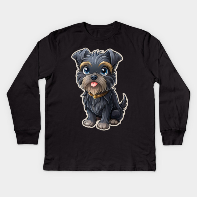 Cute Cartoon Affenpinscher with Blue Eyes, Gray-Tan Fur, and Gold Tag Kids Long Sleeve T-Shirt by IamActiveDog