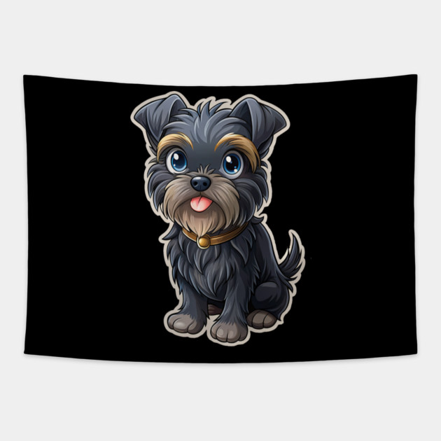 Cute Cartoon Affenpinscher with Blue Eyes, Gray-Tan Fur, and Gold Tag Tapestry by IamActiveDog