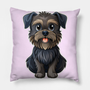 Cartoon Affenpinscher with Blue Eyes, Scruffy Black Fur, and Gold Tag Pillow