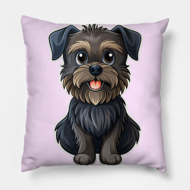 Cartoon Affenpinscher with Blue Eyes, Scruffy Black Fur, and Gold Tag Pillow by IamActiveDog
