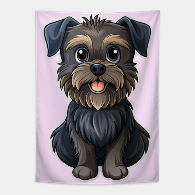 Cartoon Affenpinscher with Blue Eyes, Scruffy Black Fur, and Gold Tag Tapestry by IamActiveDog