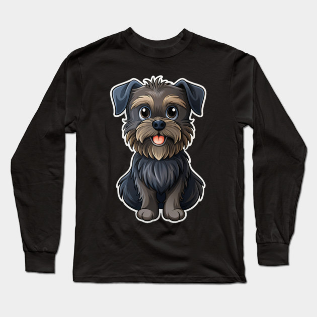 Cartoon Affenpinscher with Blue Eyes, Scruffy Black Fur, and Gold Tag Long Sleeve T-Shirt by IamActiveDog