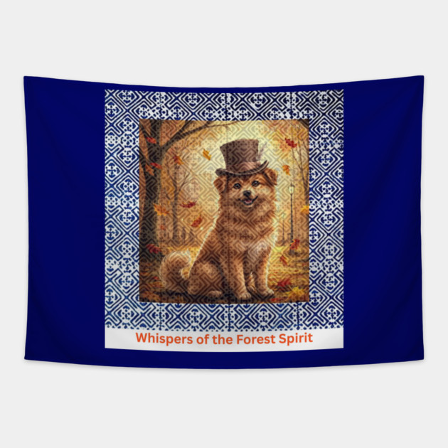 Whispers of the Forest Spirit – Brown Dog & Indigo Hmong Tribal Pattern Tapestry by Pimcolle