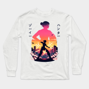 Zoey Kpop Demon Hunters Anime Ninja Warrior Sunset City Huntrx Huntrix Lovers Long Sleeve T-Shirt