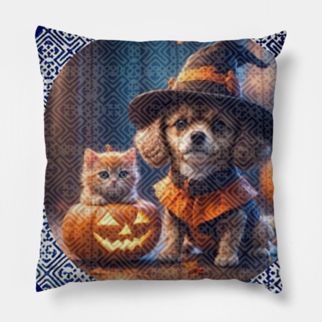 Spooky Paws in Tribal Glow – Halloween Dog & Cat with Hmong Spirit Pillow by Pimcolle