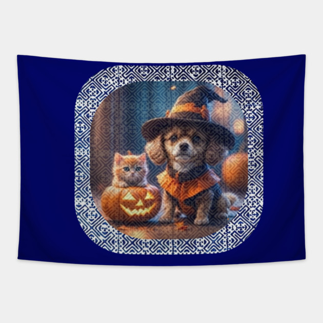 Spooky Paws in Tribal Glow – Halloween Dog & Cat with Hmong Spirit Tapestry by Pimcolle