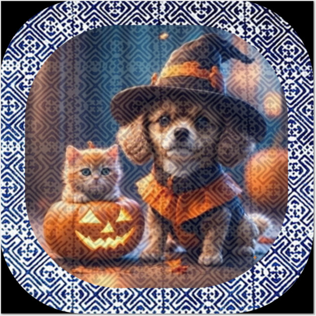 Spooky Paws in Tribal Glow – Halloween Dog & Cat with Hmong Spirit Wall Art by Pimcolle