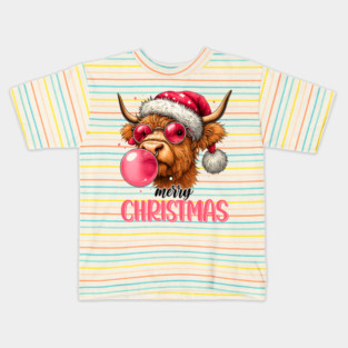Pink Highland Cow Merry Christmas Kids T-Shirt
