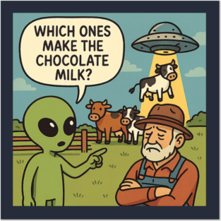 Alien Kid & the Chocolate Milk Mystery — Cartoon UFO Cow Abduction Posters and Art