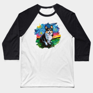 Tri Color Corgi Night with border Baseball T-Shirt