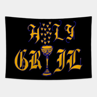 Holy Grail Typography with Golden Chalice and Hearts Tapestry