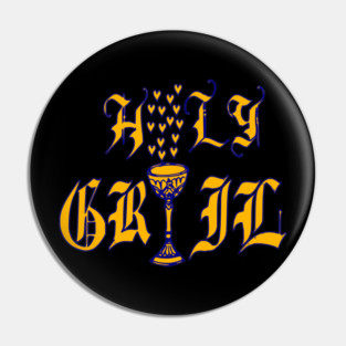 Holy Grail Typography with Golden Chalice and Hearts Pin