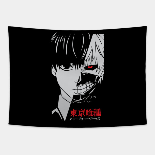 Kaneki Half Mask Tokyo Ghoul Greyscale Tapestry by Otaku Vibes