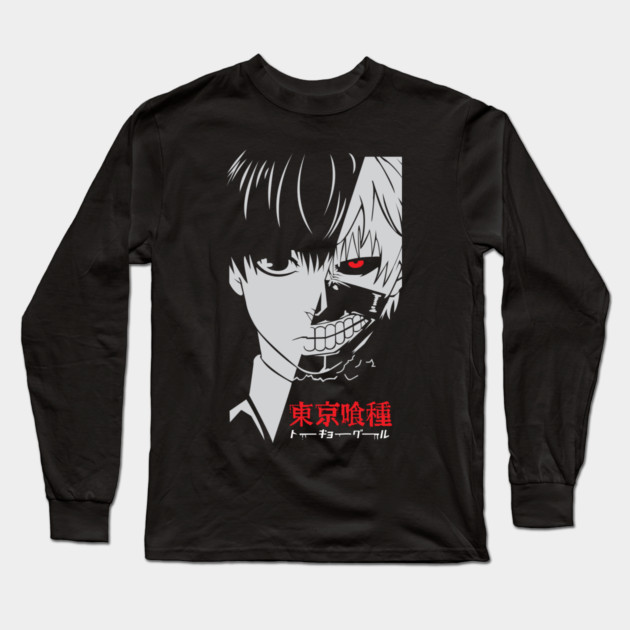 Kaneki Half Mask Tokyo Ghoul Greyscale Long Sleeve T-Shirt by Otaku Vibes