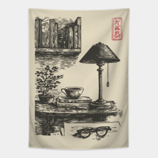 Dark Academia Library Desk Tapestry