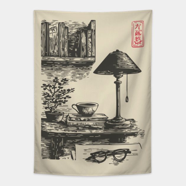 Dark Academia Library Desk Tapestry by TuncGK