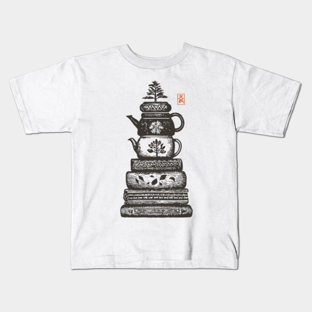 Whimsical Stacked Teapots and Books Zen Illustration Kids T-Shirt by TuncGK