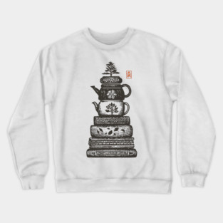 Whimsical Stacked Teapots and Books Zen Illustration Crewneck Sweatshirt