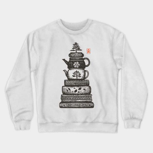 Whimsical Stacked Teapots and Books Zen Illustration Crewneck Sweatshirt by TuncGK