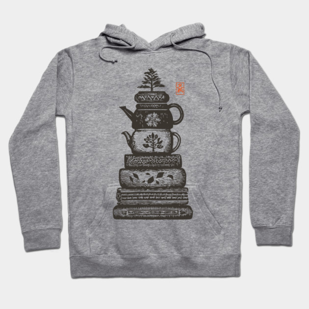 Whimsical Stacked Teapots and Books Zen Illustration Hoodie by TuncGK