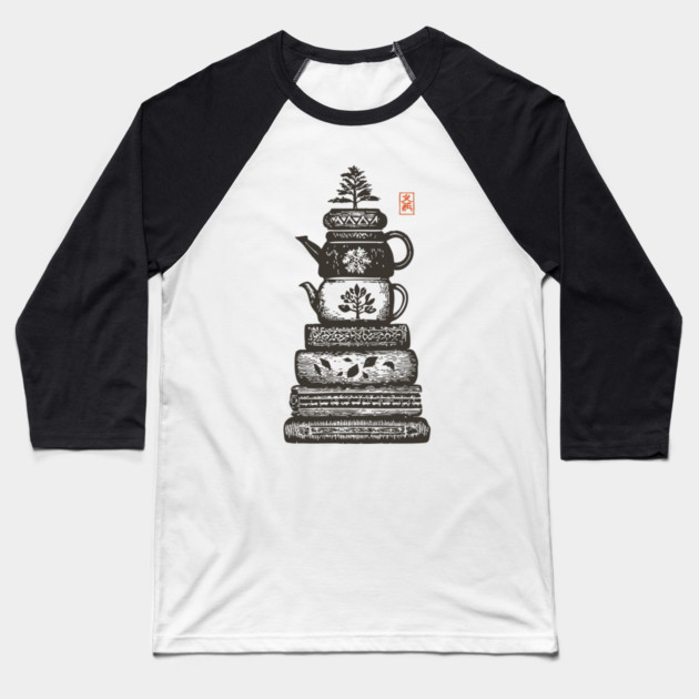 Whimsical Stacked Teapots and Books Zen Illustration Baseball T-Shirt by TuncGK