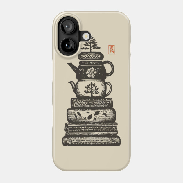 Whimsical Stacked Teapots and Books Zen Illustration Phone Case by TuncGK