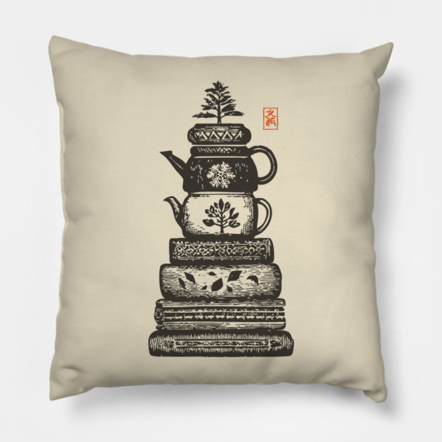 Whimsical Stacked Teapots and Books Zen Illustration Pillow by TuncGK