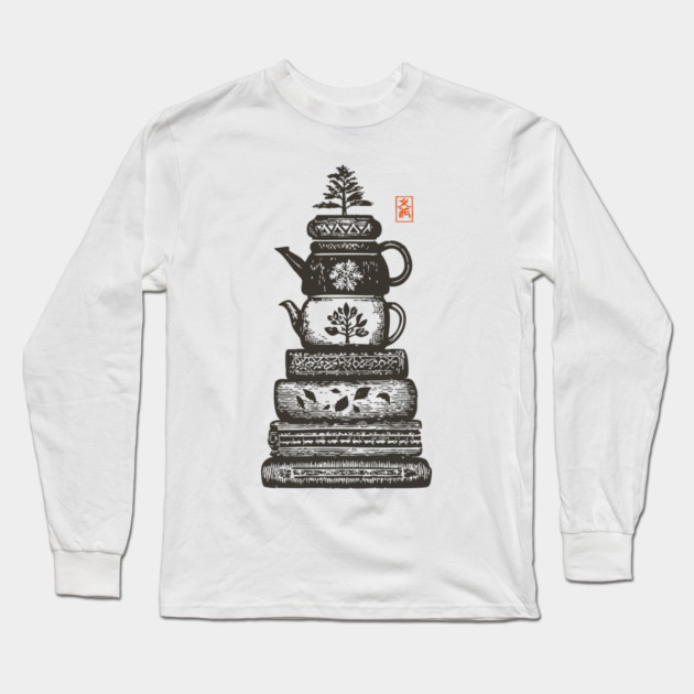 Whimsical Stacked Teapots and Books Zen Illustration Long Sleeve T-Shirt by TuncGK