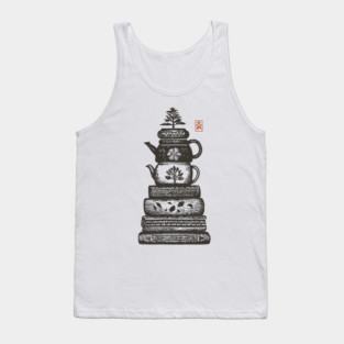 Whimsical Stacked Teapots and Books Zen Illustration Tank Top