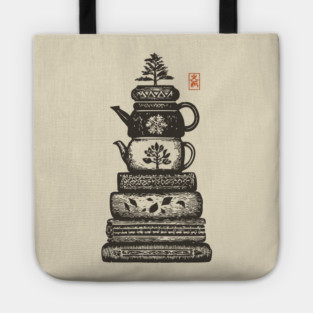 Whimsical Stacked Teapots and Books Zen Illustration Tote