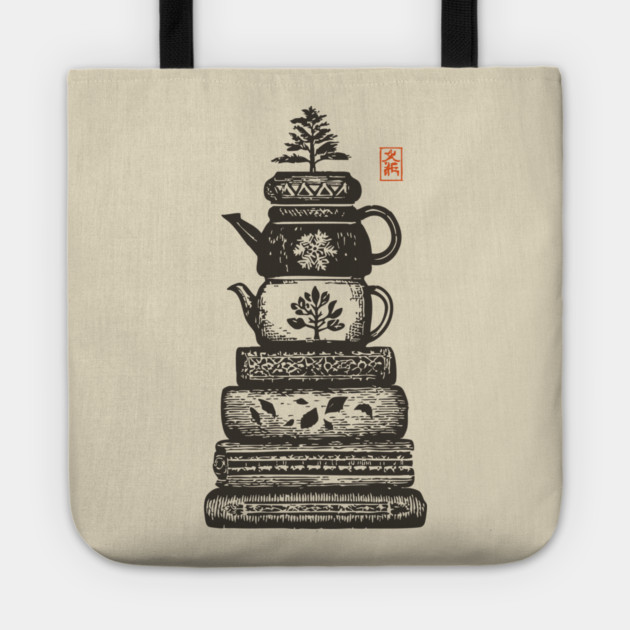 Whimsical Stacked Teapots and Books Zen Illustration Tote by TuncGK